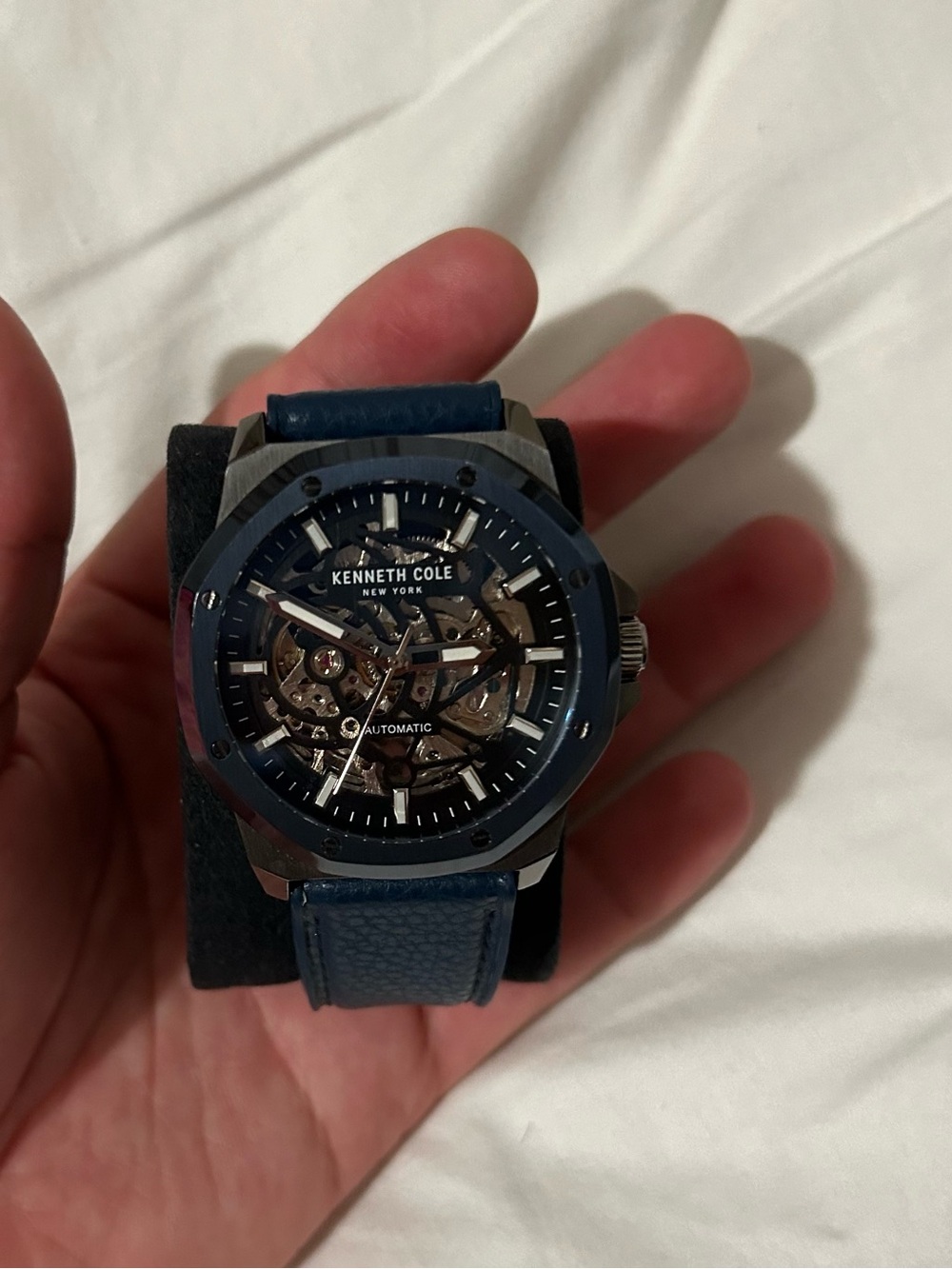 Kenneth Cole Blue Skeleton Dial Automatic Watch with Blue Leather Strap